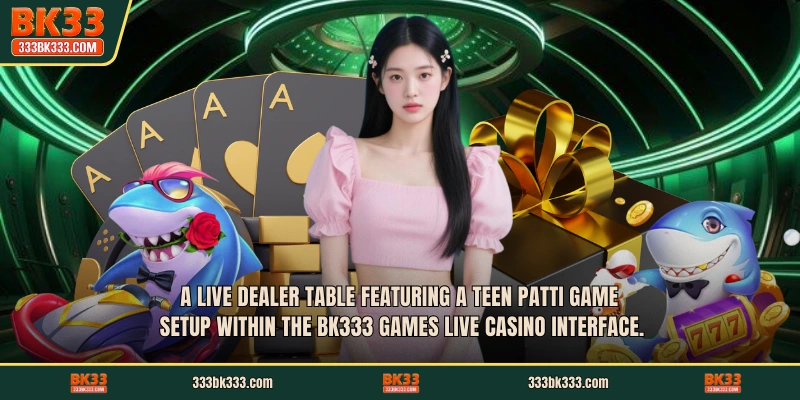 A live dealer table featuring a Teen Patti game setup within the BK333 games live casino interface